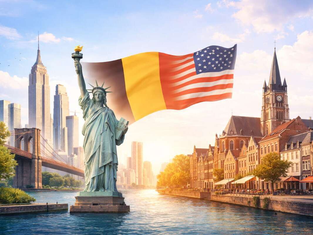 NYBE professionele software op maat in Hasselt Limburg gegenereerde afbeelding van Vrijheidsbeeld die vlag omhoog houdt van Belgie en de Verenigde Staten van Amerika