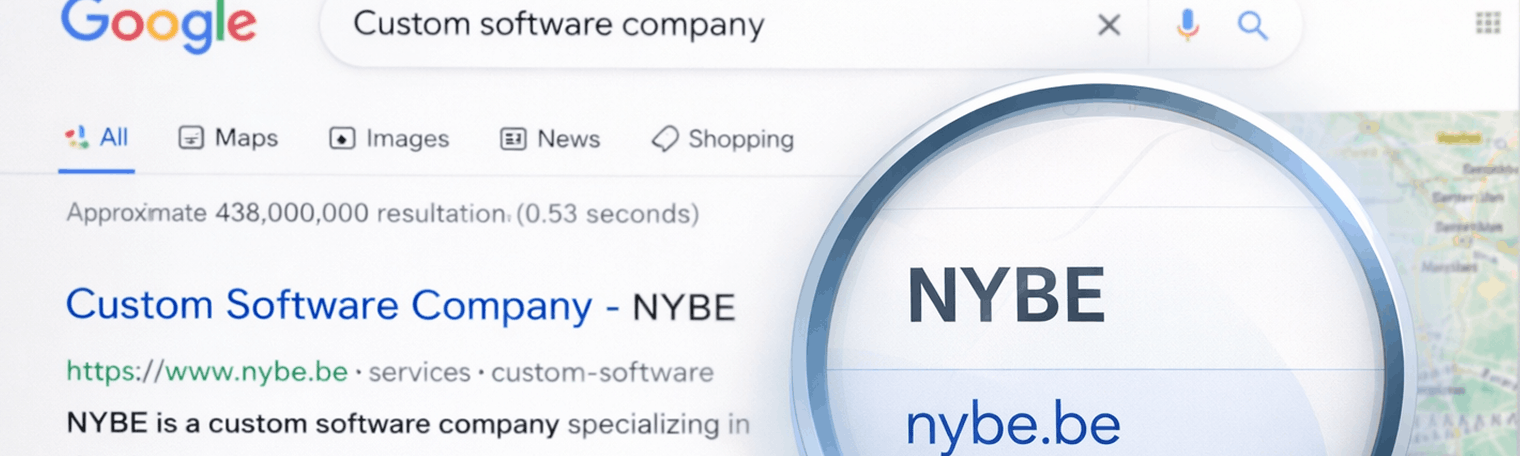 NYBE software op maat in Hasselt index Google AI banner NYBE zoeken voorbeeld